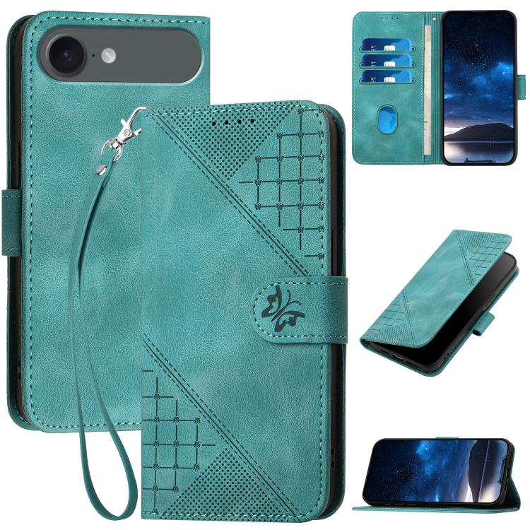 For iPhone 17 Air YX0080 Grid Butterfly Embossed Pattern Flip Leather Phone Case with Lanyard(Light Blue) - free shipping - PMc TechLife - Order now!
