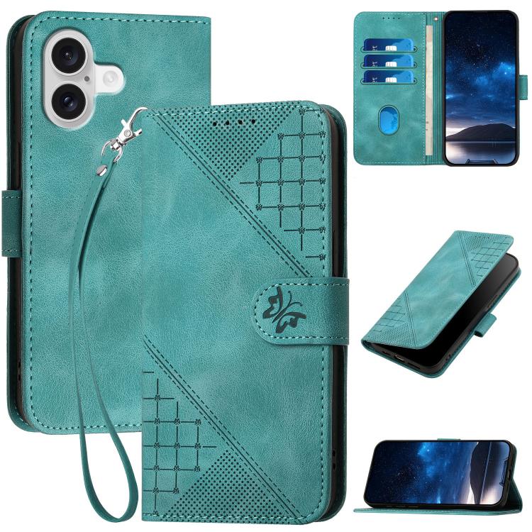 For iPhone 17 YX0080 Grid Butterfly Embossed Pattern Flip Leather Phone Case with Lanyard(Light Blue) - free shipping - PMc TechLife - Order now!