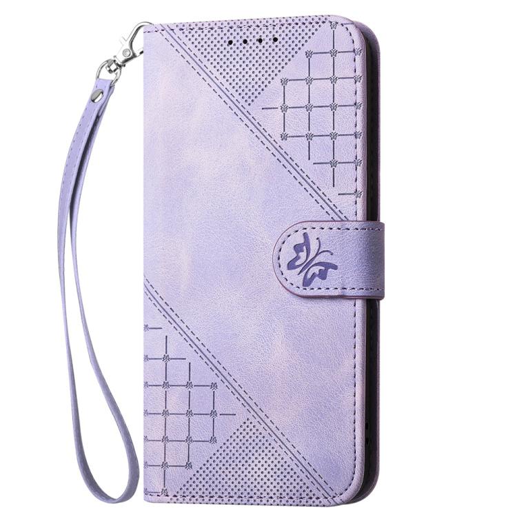 For iPhone 17 YX0080 Grid Butterfly Embossed Pattern Flip Leather Phone Case with Lanyard(Light Purple) - free shipping - PMc TechLife - Order now!