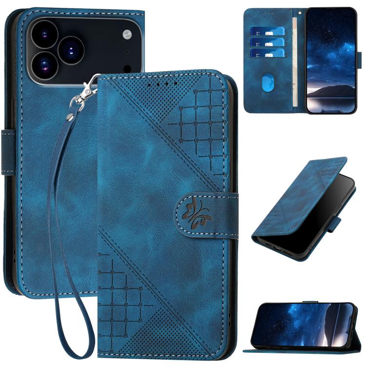 For iPhone 17 Pro Max YX0080 Grid Butterfly Embossed Pattern Flip Leather Phone Case with Lanyard(Dark Blue) - free shipping - PMc TechLife - Order now!