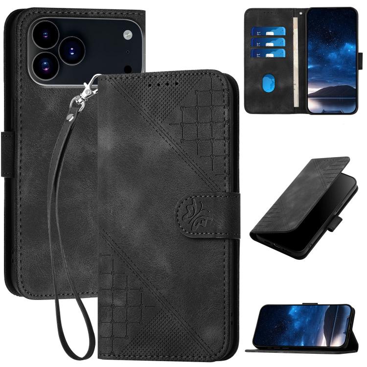 For iPhone 17 Pro Max YX0080 Grid Butterfly Embossed Pattern Flip Leather Phone Case with Lanyard(Black) - free shipping - PMc TechLife - Order now!