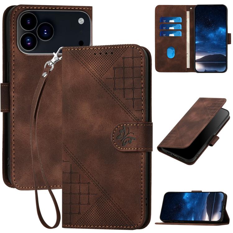 For iPhone 17 Pro Max YX0080 Grid Butterfly Embossed Pattern Flip Leather Phone Case with Lanyard(Coffee) - free shipping - PMc TechLife - Order now!