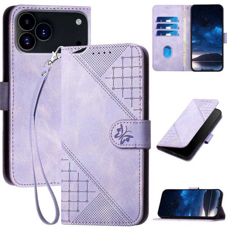 For iPhone 17 Pro Max YX0080 Grid Butterfly Embossed Pattern Flip Leather Phone Case with Lanyard(Light Purple) - free shipping - PMc TechLife - Order now!