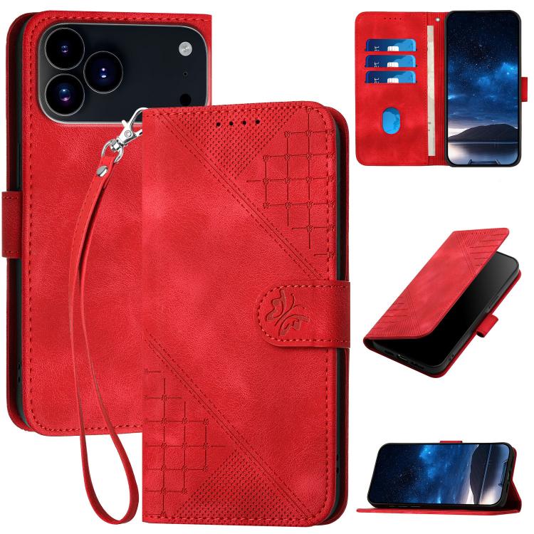 For iPhone 17 Pro YX0080 Grid Butterfly Embossed Pattern Flip Leather Phone Case with Lanyard(Red) - free shipping - PMc TechLife - Order now!
