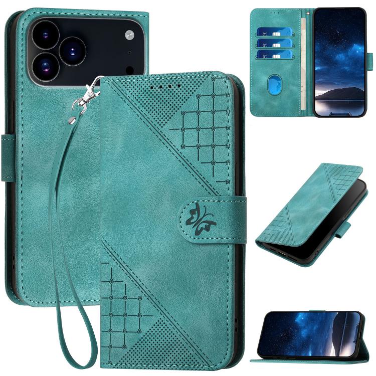 For iPhone 17 Pro YX0080 Grid Butterfly Embossed Pattern Flip Leather Phone Case with Lanyard(Light Blue) - free shipping - PMc TechLife - Order now!