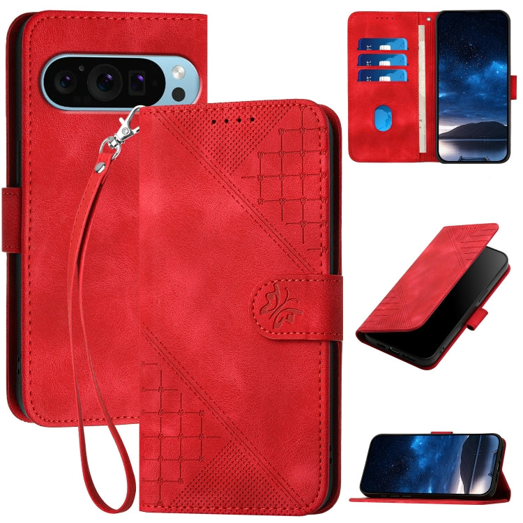 For Google Pixel 9 Pro XL YX0080 Grid Butterfly Embossed Pattern Flip Leather Phone Case with Lanyard(Red) - Google Cases by PMC TechLife | Online Shopping South Africa | PMC TechLife | Buy Now Pay Later Mobicred