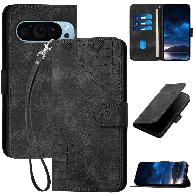 For Google Pixel 9 Pro XL YX0080 Grid Butterfly Embossed Pattern Flip Leather Phone Case with Lanyard(Black) - Google Cases by PMC TechLife | Online Shopping South Africa | PMC TechLife | Buy Now Pay Later Mobicred