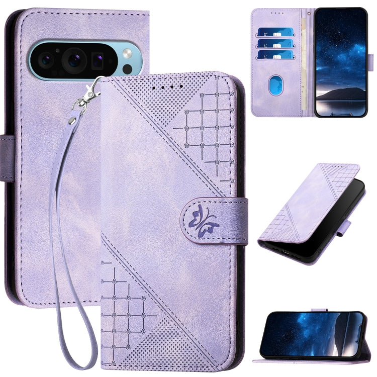 For Google Pixel 9 Pro XL Grid Butterfly Embossed Pattern Leather Phone Case with Lanyard(Light Purple) - free shipping - PMC TechLife - Order now!