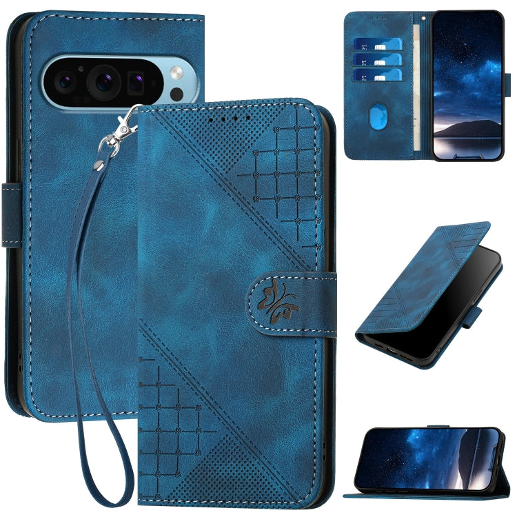 For Google Pixel 9 / 9 Pro YX0080 Grid Butterfly Embossed Pattern Flip Leather Phone Case with Lanyard(Dark Blue) - Google Cases by PMC TechLife | Online Shopping South Africa | PMC TechLife | Buy Now Pay Later Mobicred
