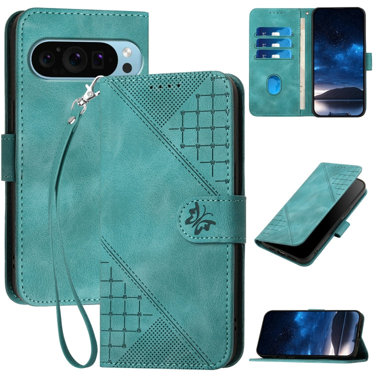 For Google Pixel 9 / 9 Pro YX0080 Grid Butterfly Embossed Pattern Flip Leather Phone Case with Lanyard(Light Blue) - Google Cases by PMC TechLife | Online Shopping South Africa | PMC TechLife | Buy Now Pay Later Mobicred