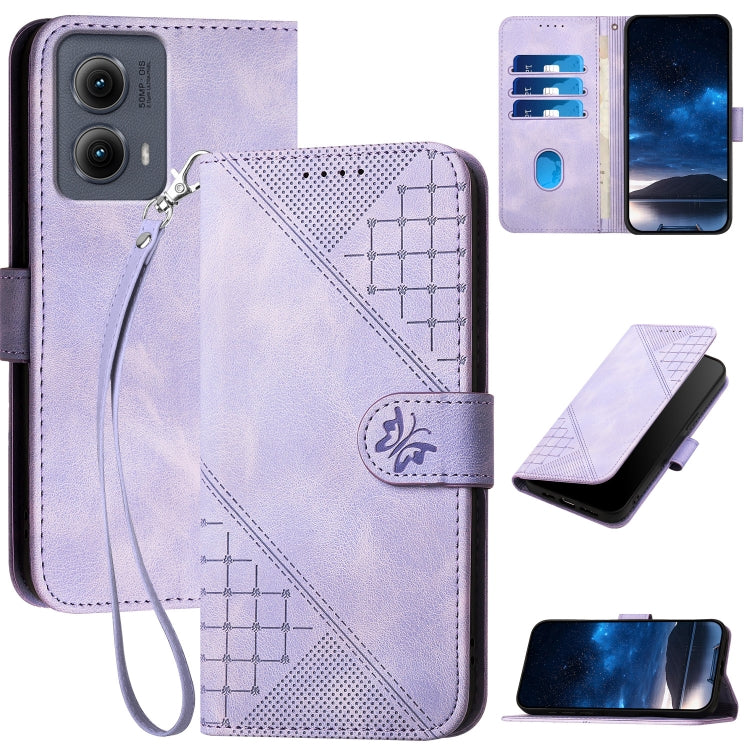 For Motorola Edge 2024 5G Global Grid Butterfly Embossed Pattern Leather Phone Case with Lanyard(Light Purple) - free shipping - PMC Jewellery - Order now!