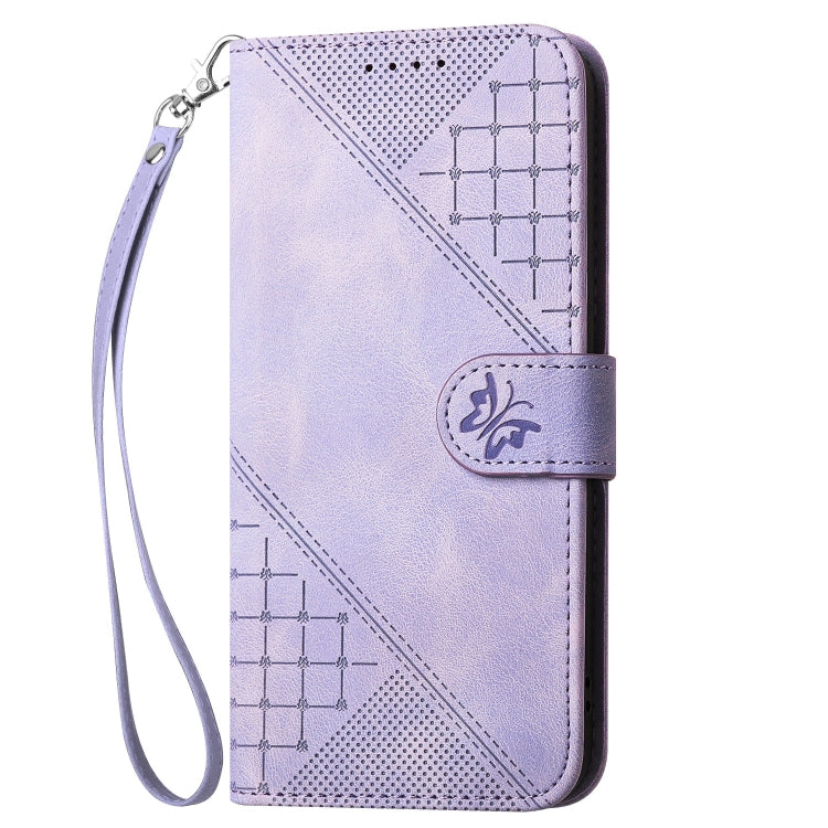 For Motorola Edge 2024 5G Global Grid Butterfly Embossed Pattern Leather Phone Case with Lanyard(Light Purple) - free shipping - PMC Jewellery - Order now!