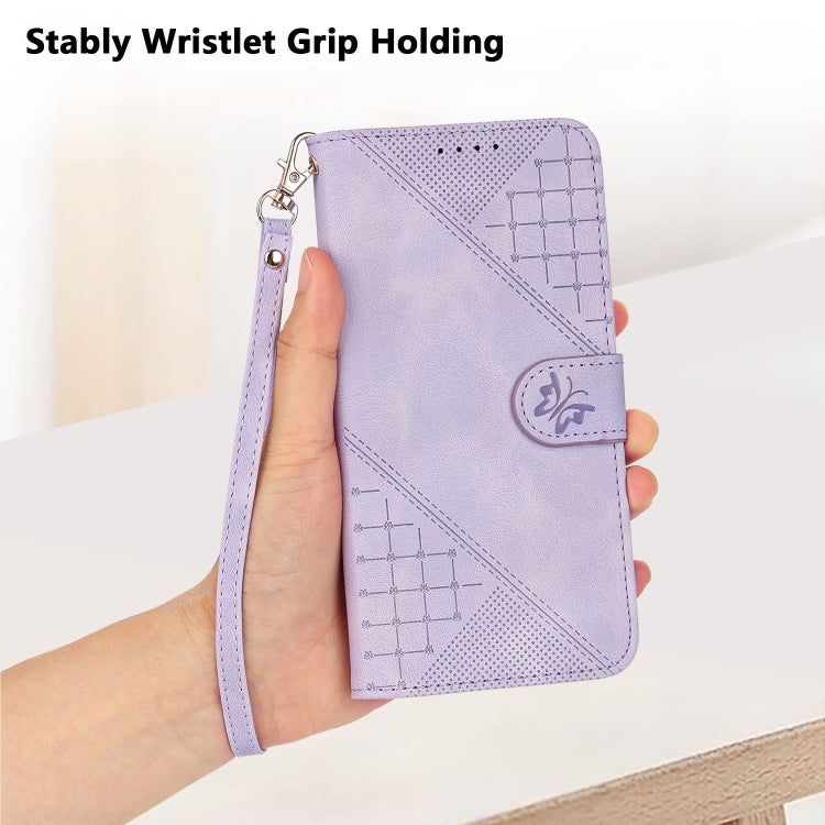 For Motorola Edge 2024 5G Global Grid Butterfly Embossed Pattern Leather Phone Case with Lanyard(Light Purple) - free shipping - PMC Jewellery - Order now!
