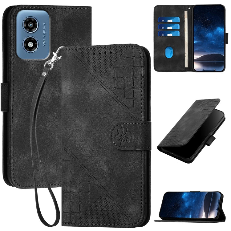 For Motorola Moto G Play 4G 2024 YX0080 Grid Butterfly Embossed Pattern Flip Leather Phone Case with Lanyard(Black) - Motorola Cases by PMC Jewellery | Online Shopping South Africa | PMC Jewellery | Buy Now Pay Later Mobicred