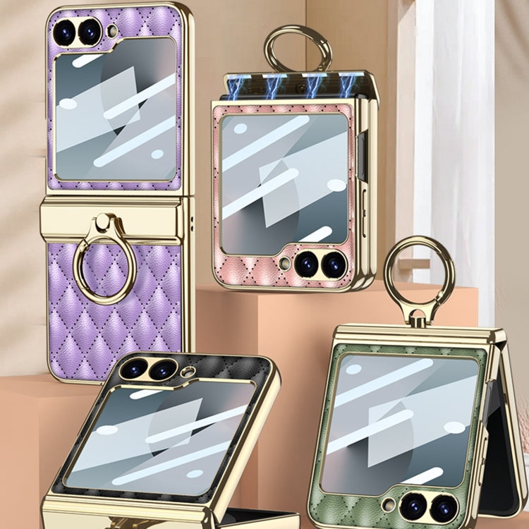For Samsung Galaxy Z Flip6 / Flip7 FE GKK Rhombus Pattern Integrated Electroplated Leather Phone Case with Ring(Dark Green) - free shipping - PMC Jewellery - Order now!