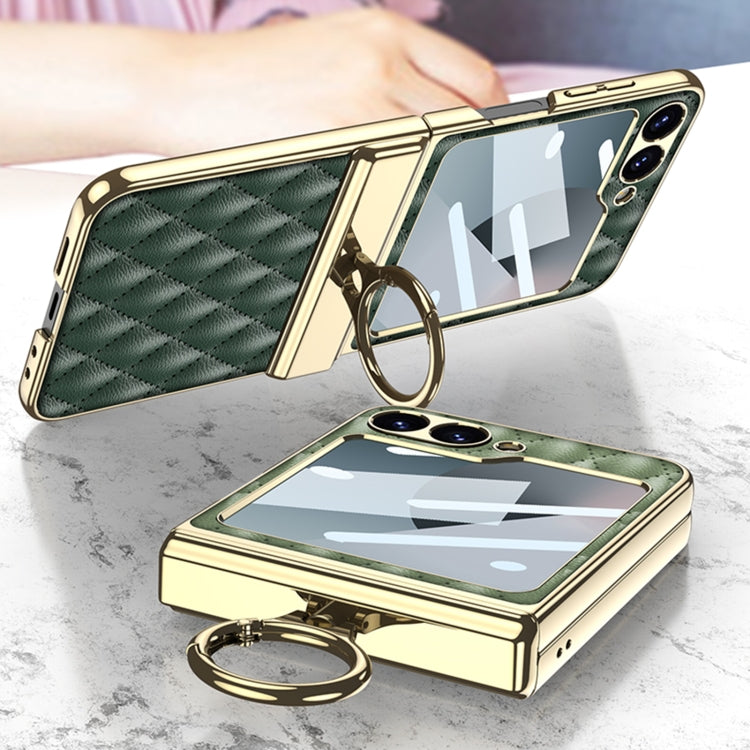 For Samsung Galaxy Z Flip6 / Flip7 FE GKK Rhombus Pattern Integrated Electroplated Leather Phone Case with Ring(Dark Green) - free shipping - PMC Jewellery - Order now!