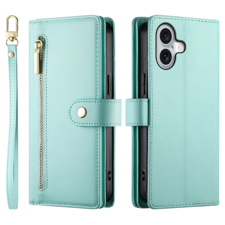 For iPhone 16 Nine Card-slot Zipper Wallet Bag Leather Phone Case(Mint Green) - iPhone 16 Cases by PMC TechLife | Online Shopping South Africa | PMC TechLife | Buy Now Pay Later Mobicred