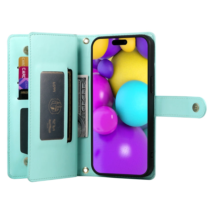 For iPhone 16 Nine Card-slot Zipper Wallet Bag Leather Phone Case(Mint Green) - iPhone 16 Cases by PMC TechLife | Online Shopping South Africa | PMC TechLife | Buy Now Pay Later Mobicred
