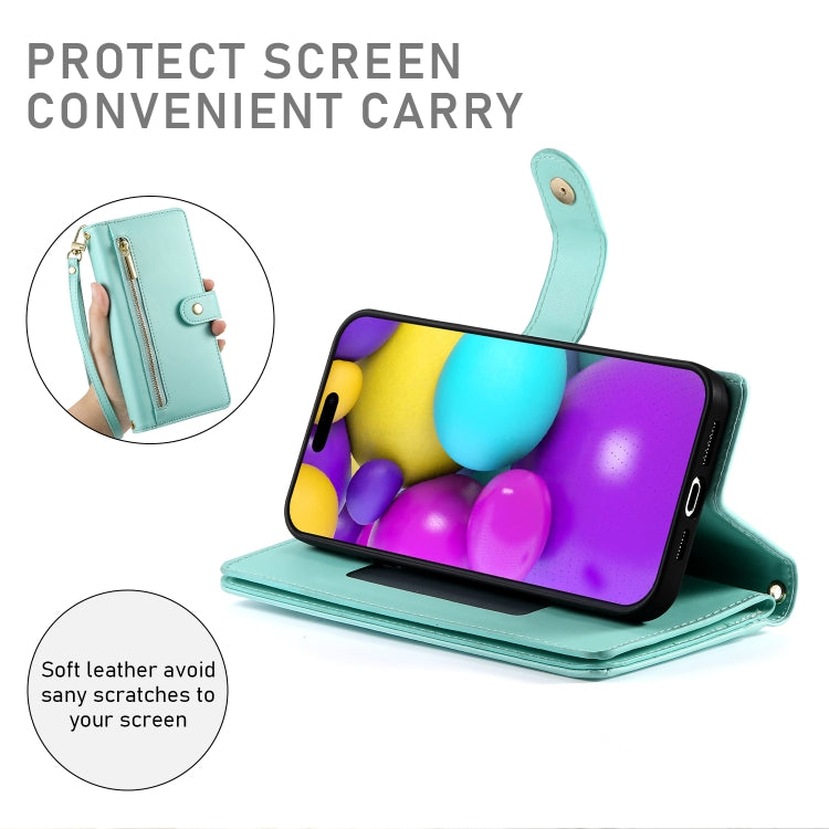 For iPhone 16 Nine Card-slot Zipper Wallet Bag Leather Phone Case(Mint Green) - iPhone 16 Cases by PMC TechLife | Online Shopping South Africa | PMC TechLife | Buy Now Pay Later Mobicred