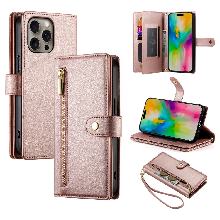 For iPhone 16 Pro Nine Card-slot Zipper Wallet Bag Leather Phone Case(Pink) - iPhone 16 Pro Cases by PMC TechLife | Online Shopping South Africa | PMC TechLife | Buy Now Pay Later Mobicred