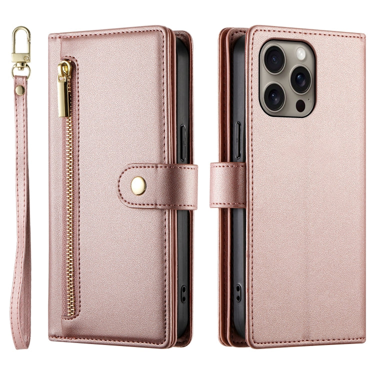 For iPhone 16 Pro Nine Card-slot Zipper Wallet Bag Leather Phone Case(Pink) - iPhone 16 Pro Cases by PMC TechLife | Online Shopping South Africa | PMC TechLife | Buy Now Pay Later Mobicred