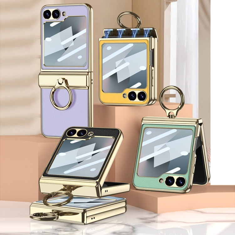 For Samsung Galaxy Z Flip6 / Flip7 FE GKK Integrated Electroplated Litchi Texture Leather Phone Case with Ring(Yellow) - free shipping - PMC Jewellery - Order now!