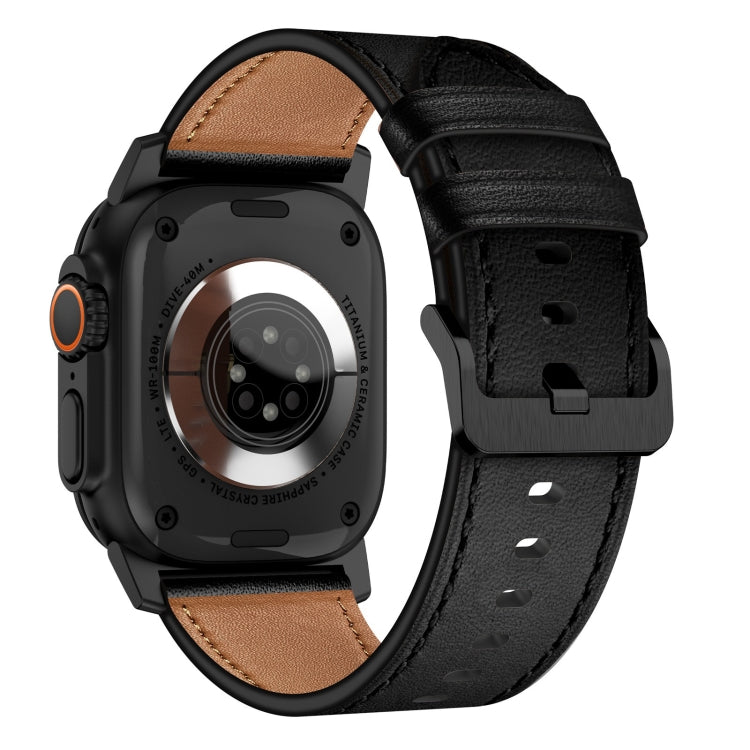 For Apple Watch SE 2023 44mm Wilderness Top-grain Leather Watch Band(Black Connector Black) - Watch Bands by PMc TechLife | Online Shopping South Africa | PMc TechLife | Buy Now Pay Later Mobicred