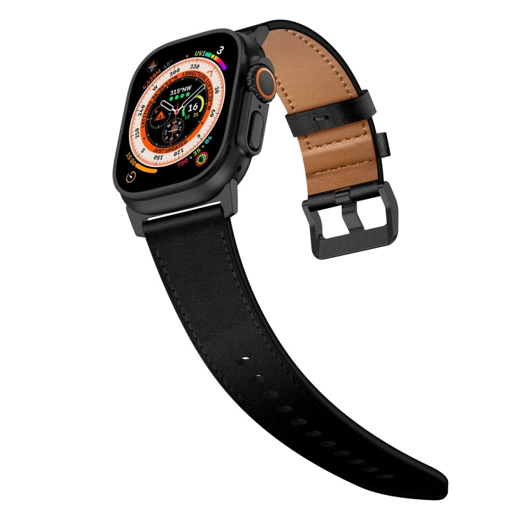 For Apple Watch SE 2023 44mm Wilderness Top-grain Leather Watch Band(Black Connector Black) - Watch Bands by PMc TechLife | Online Shopping South Africa | PMc TechLife | Buy Now Pay Later Mobicred