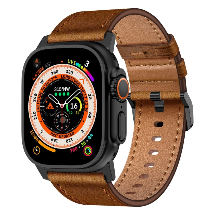 For Apple Watch Ultra 2 49mm Wilderness Top-grain Leather Watch Band(Black Connector Red Brown) - Watch Bands by PMC TechLife | Online Shopping South Africa | PMC TechLife | Buy Now Pay Later Mobicred