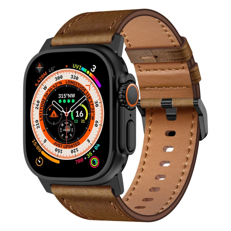 For Apple Watch Ultra 2 49mm Wilderness Top-grain Leather Watch Band(Black Connector Dark Brown) - Watch Bands by PMC TechLife | Online Shopping South Africa | PMC TechLife | Buy Now Pay Later Mobicred