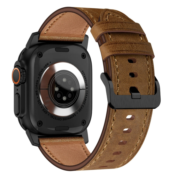 For Apple Watch Ultra 2 49mm Wilderness Top-grain Leather Watch Band(Black Connector Dark Brown) - Watch Bands by PMC TechLife | Online Shopping South Africa | PMC TechLife | Buy Now Pay Later Mobicred