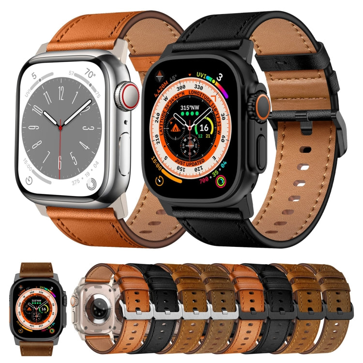 For Apple Watch SE 2023 44mm Wilderness Top-grain Leather Watch Band(Black Connector Black) - Watch Bands by PMc TechLife | Online Shopping South Africa | PMc TechLife | Buy Now Pay Later Mobicred