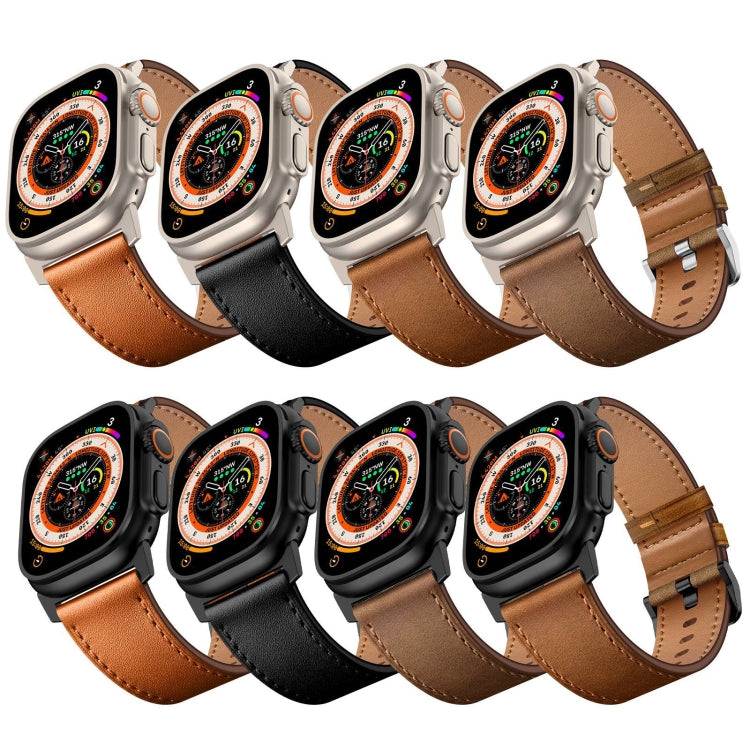 For Apple Watch Ultra 49mm Wilderness Top-grain Leather Watch Band(Black Connector Dark Brown) - Watch Bands by PMC TechLife | Online Shopping South Africa | PMC TechLife | Buy Now Pay Later Mobicred