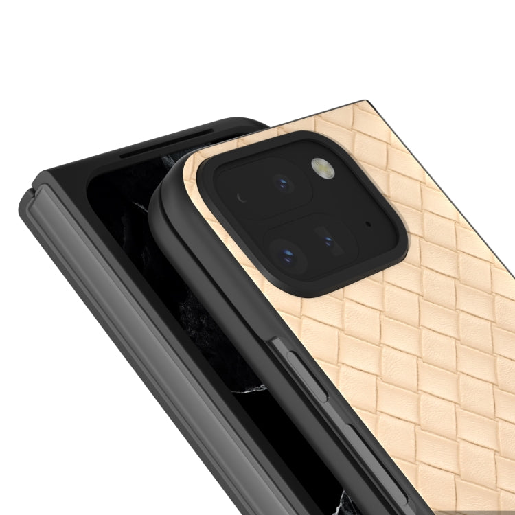 For Google Pixel 9 Pro Fold Black Frame Woven Texture PU Phone Case(Beige) - Google Cases by PMC TechLife | Online Shopping South Africa | PMC TechLife | Buy Now Pay Later Mobicred