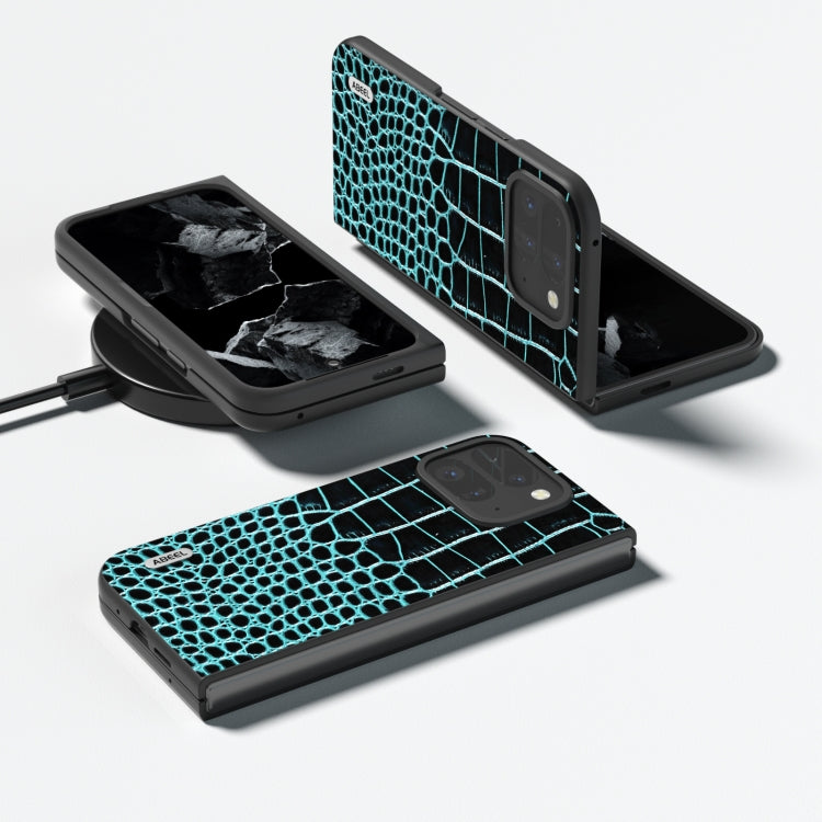 For Google Pixel 9 Pro Fold ABEEL Genuine Leather Crocodile Pattern Black Edge Phone Case(Blue) - free shipping - PMC TechLife - Order now!
