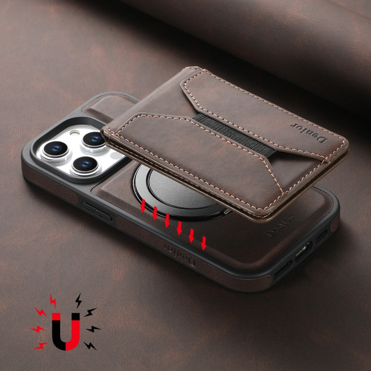 For iPhone 16 Denior D18 Skin Feel Rotating Holder MagSafe Detachable Card Slot Phone Case(Brown) - iPhone 16 Cases by Denior | Online Shopping South Africa | PMC TechLife | Buy Now Pay Later Mobicred