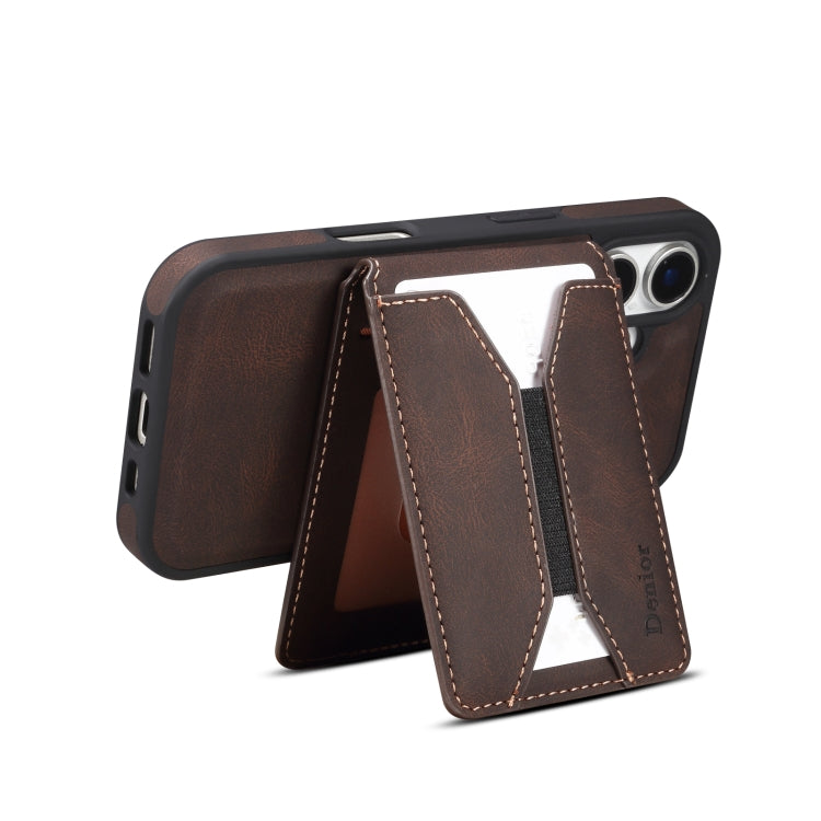 For iPhone 16 Denior D18 Skin Feel Rotating Holder MagSafe Detachable Card Slot Phone Case(Brown) - iPhone 16 Cases by Denior | Online Shopping South Africa | PMC TechLife | Buy Now Pay Later Mobicred