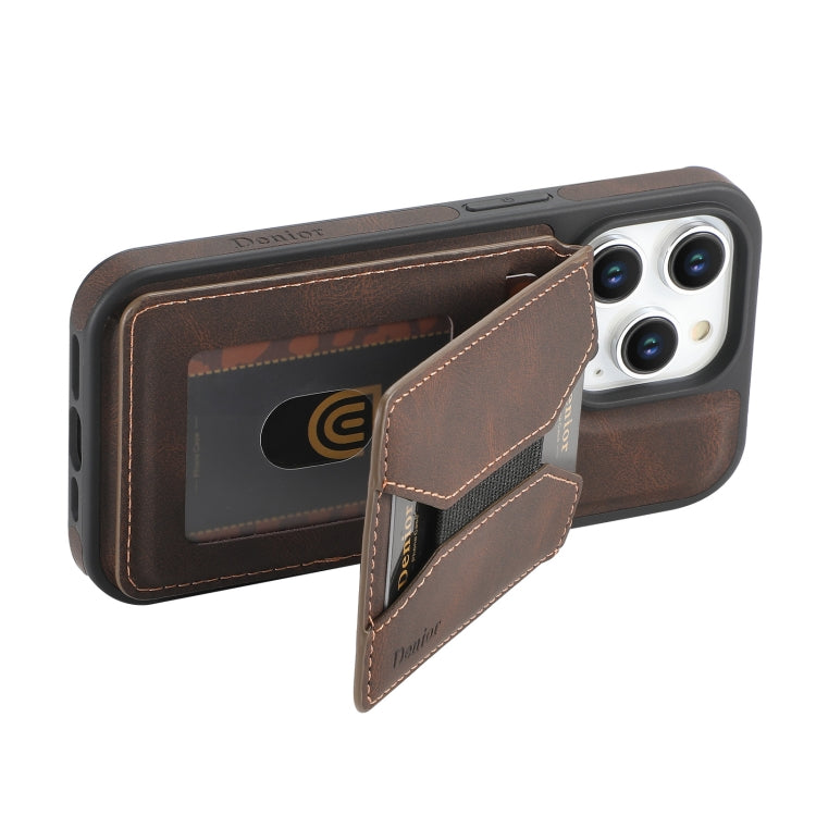 For iPhone 16 Pro Max Denior D18 Skin Feel Rotating Holder MagSafe Detachable Card Slot Phone Case(Brown) - iPhone 16 Pro Max Cases by Denior | Online Shopping South Africa | PMC TechLife | Buy Now Pay Later Mobicred