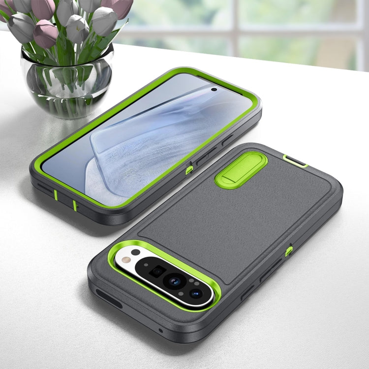 For Google Pixel 9 Pro Rugged PC + Silicone Phone Case with Holder(Grey+Fresh Green) - free shipping - PMC TechLife - Order now!