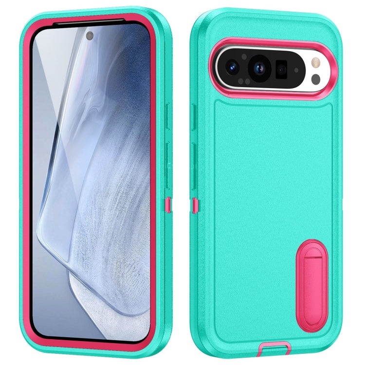 For Google Pixel 9 Pro Rugged PC + Silicone Phone Case with Holder(Light Green+Rose Red) - Google Cases by PMC TechLife | Online Shopping South Africa | PMC TechLife | Buy Now Pay Later Mobicred