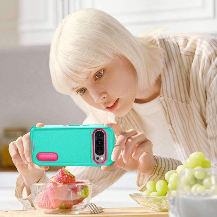 For Google Pixel 9 Pro Rugged PC + Silicone Phone Case with Holder(Light Green+Rose Red) - Google Cases by PMC TechLife | Online Shopping South Africa | PMC TechLife | Buy Now Pay Later Mobicred