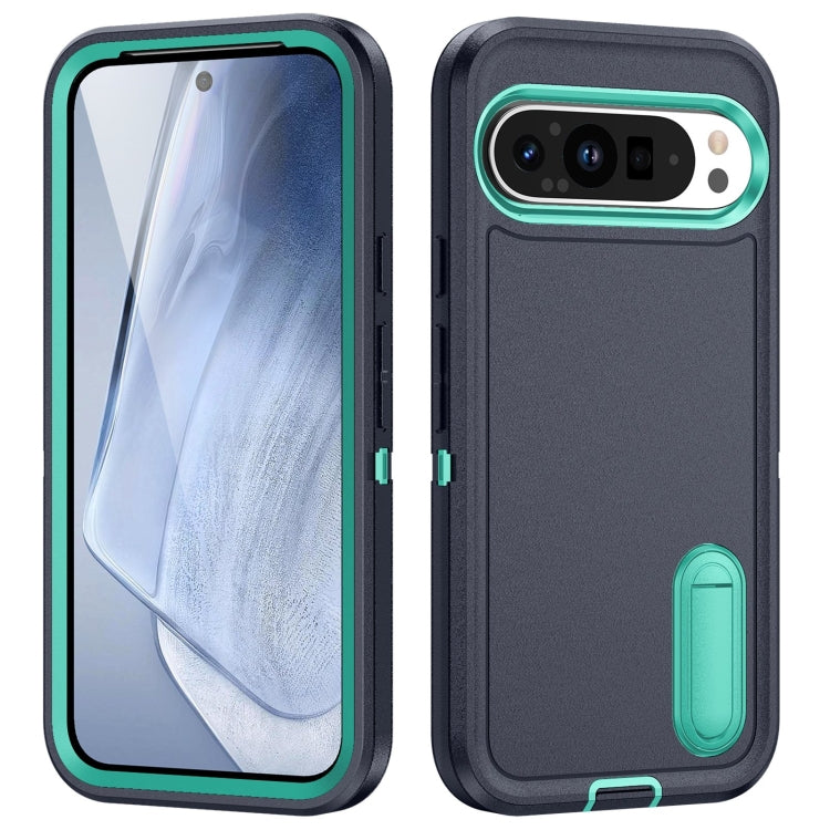 For Google Pixel 9 Pro Rugged PC + Silicone Phone Case with Holder(Dark Blue+Light Green) - Google Cases by PMC TechLife | Online Shopping South Africa | PMC TechLife | Buy Now Pay Later Mobicred