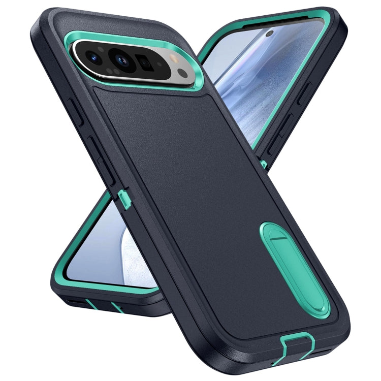 For Google Pixel 9 Pro Rugged PC + Silicone Phone Case with Holder(Dark Blue+Light Green) - Google Cases by PMC TechLife | Online Shopping South Africa | PMC TechLife | Buy Now Pay Later Mobicred