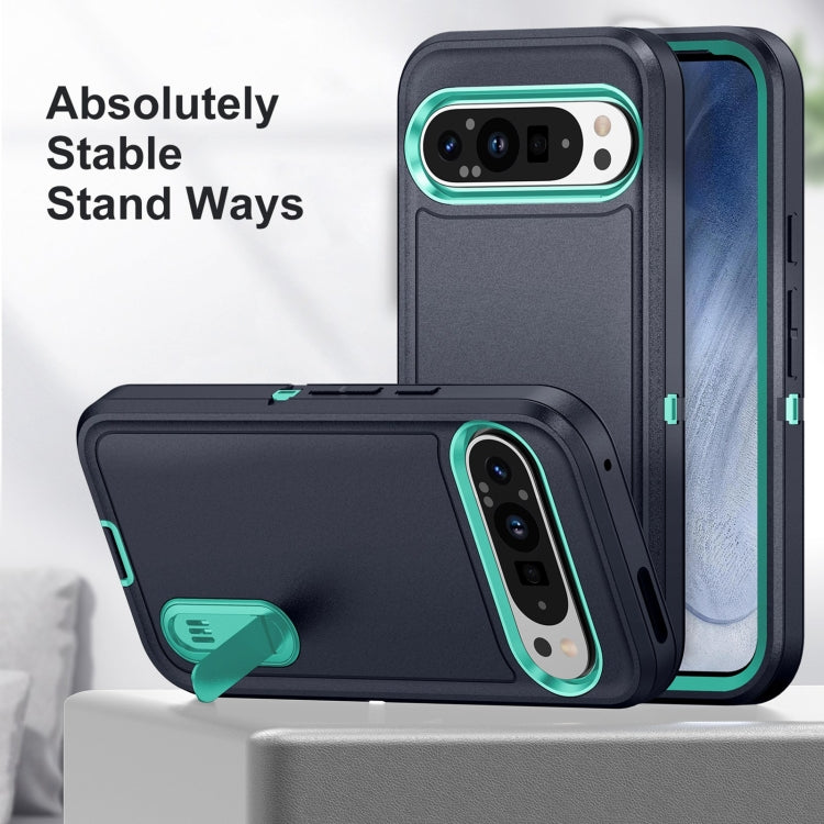 For Google Pixel 9 Pro Rugged PC + Silicone Phone Case with Holder(Dark Blue+Light Green) - Google Cases by PMC TechLife | Online Shopping South Africa | PMC TechLife | Buy Now Pay Later Mobicred