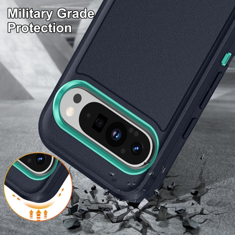 For Google Pixel 9 Pro Rugged PC + Silicone Phone Case with Holder(Dark Blue+Light Green) - Google Cases by PMC TechLife | Online Shopping South Africa | PMC TechLife | Buy Now Pay Later Mobicred
