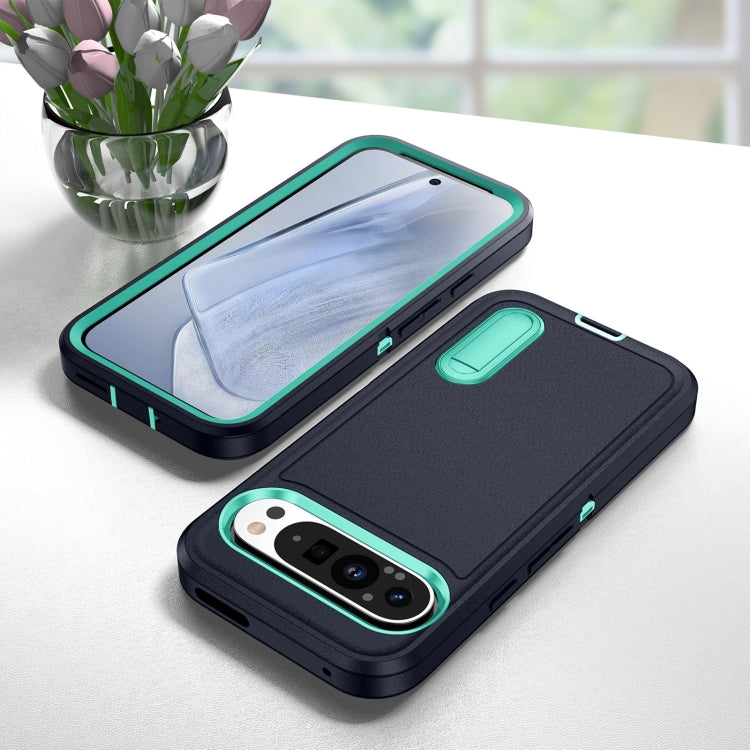 For Google Pixel 9 Pro Rugged PC + Silicone Phone Case with Holder(Dark Blue+Light Green) - Google Cases by PMC TechLife | Online Shopping South Africa | PMC TechLife | Buy Now Pay Later Mobicred