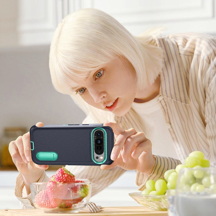 For Google Pixel 9 Pro Rugged PC + Silicone Phone Case with Holder(Dark Blue+Light Green) - Google Cases by PMC TechLife | Online Shopping South Africa | PMC TechLife | Buy Now Pay Later Mobicred