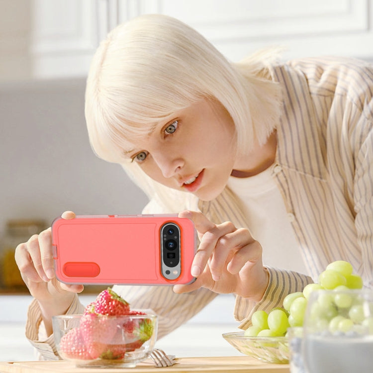 For Google Pixel 9 Pro Rugged PC + Silicone Phone Case with Holder(Transparent+Orange) - Google Cases by PMC TechLife | Online Shopping South Africa | PMC TechLife | Buy Now Pay Later Mobicred