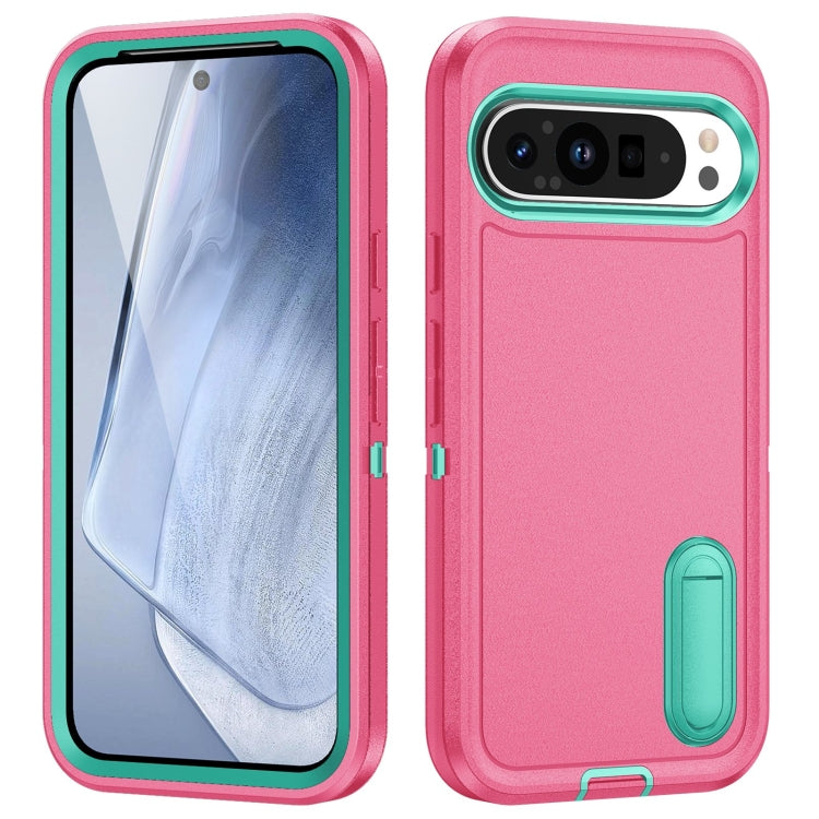 For Google Pixel 9 Rugged PC + Silicone Phone Case with Holder(Rose Red+Light Green) - Google Cases by PMC TechLife | Online Shopping South Africa | PMC TechLife | Buy Now Pay Later Mobicred