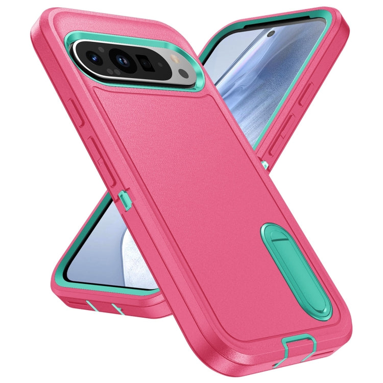 For Google Pixel 9 Rugged PC + Silicone Phone Case with Holder(Rose Red+Light Green) - Google Cases by PMC TechLife | Online Shopping South Africa | PMC TechLife | Buy Now Pay Later Mobicred